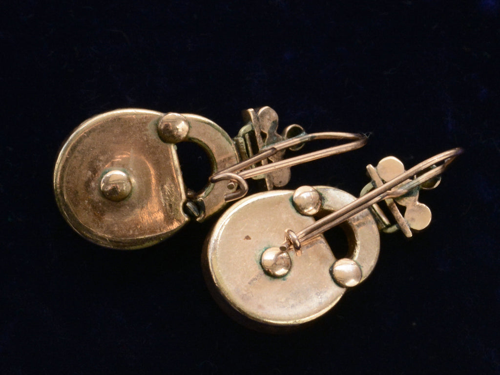 Reverse side of c1880 Black Onyx and Pearl Padlock Earrings , shown on black background