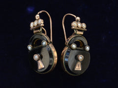 thumbnail of Angled view of c1880 Black Onyx and Pearl Padlock Earrings , shown on black background