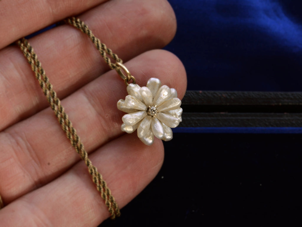 c1910 Pearl Flower Necklace (shown on hand for scale)