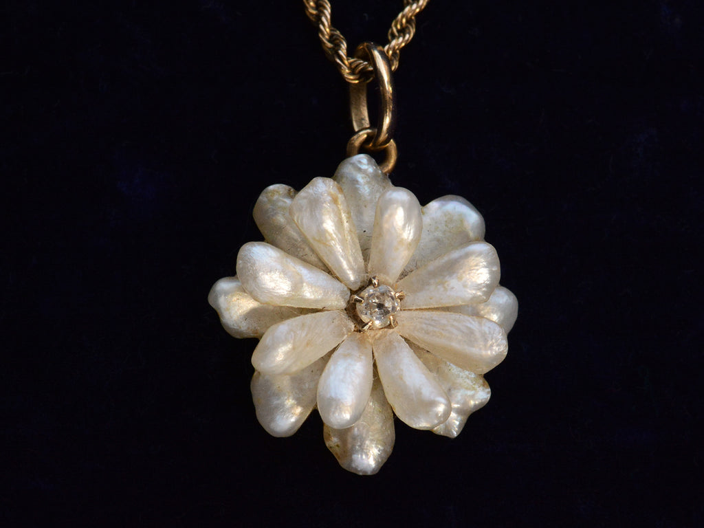 c1910 Pearl Flower Necklace (shown on black background)