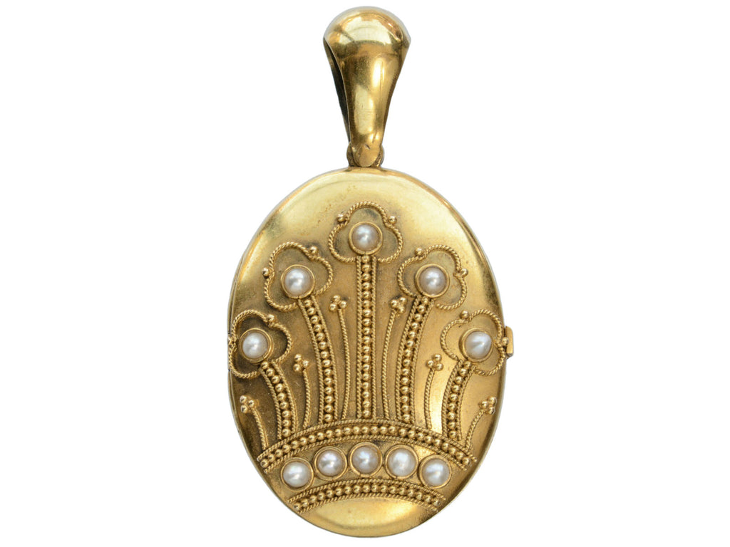 Front of c1890 Oval Victorian Gold Locket Decorated with Pearls and Granulation (on white background)