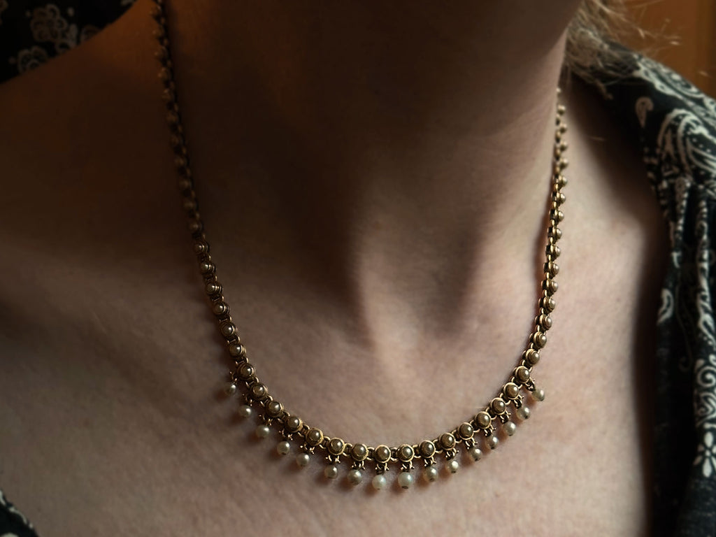 c1900 Edwardian Pearl Necklace (on neck for scale)