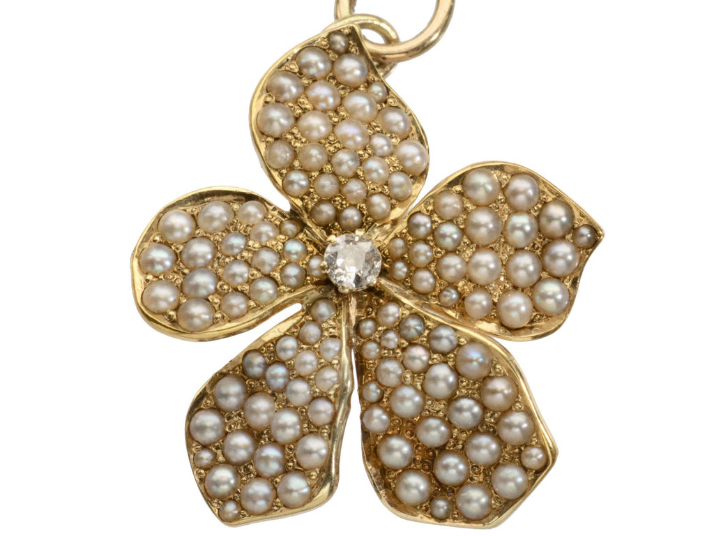 c1900 Pearl and Diamond Pansy Pendant in Yellow Gold (on white background)