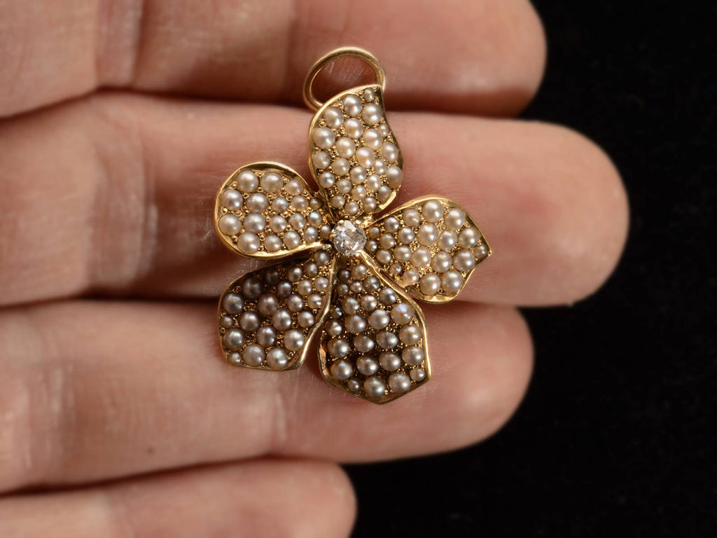 Front of c1900 Pearl and Diamond Pansy Pendant in Yellow Gold (on hand for scale)