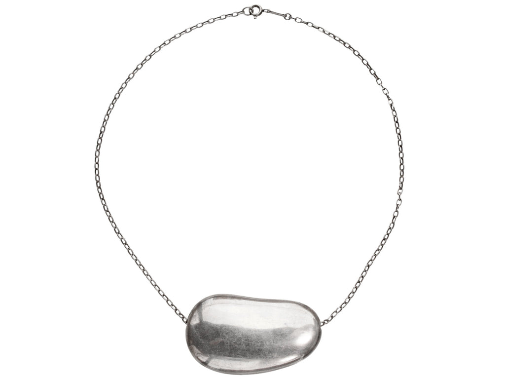 Silver c1980 Elsa Peretti Necklace with Large Bean Pendant on Chain (on white background)