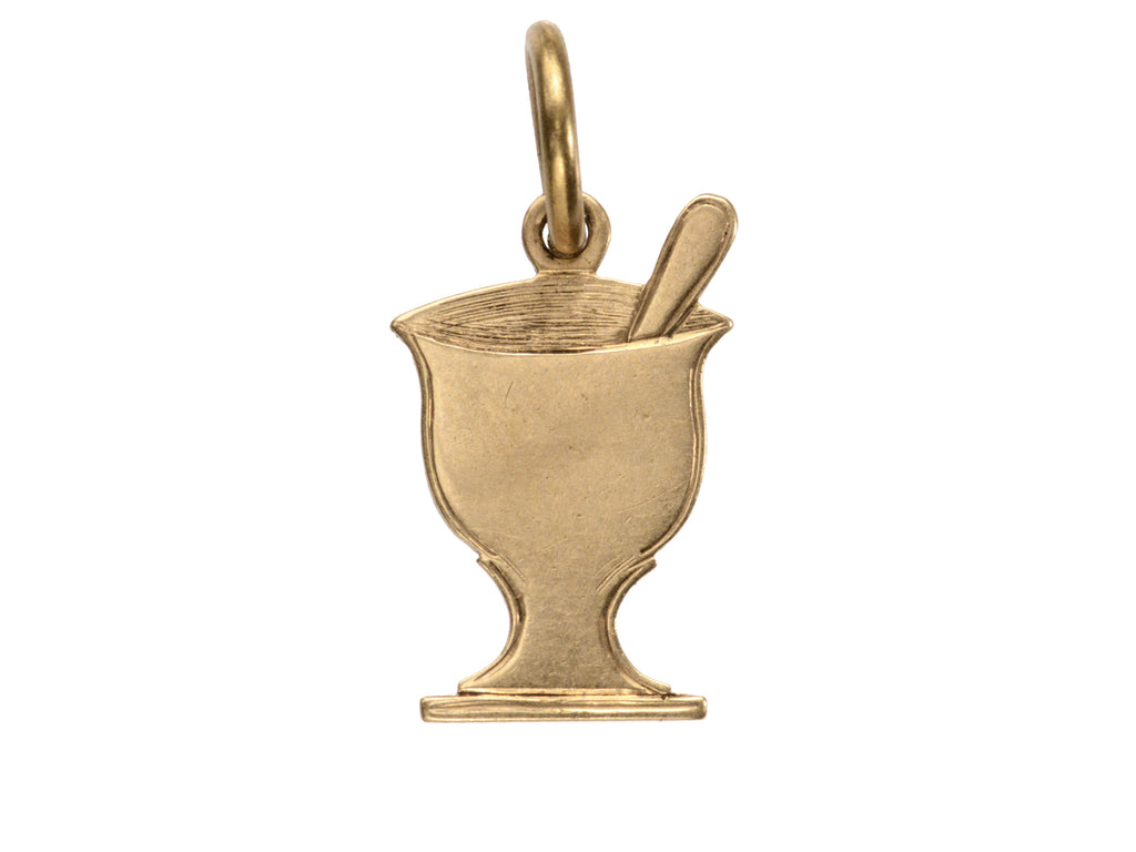 c1890 Gold Pharmacy Mortar and Pestle Charm, shown on white background