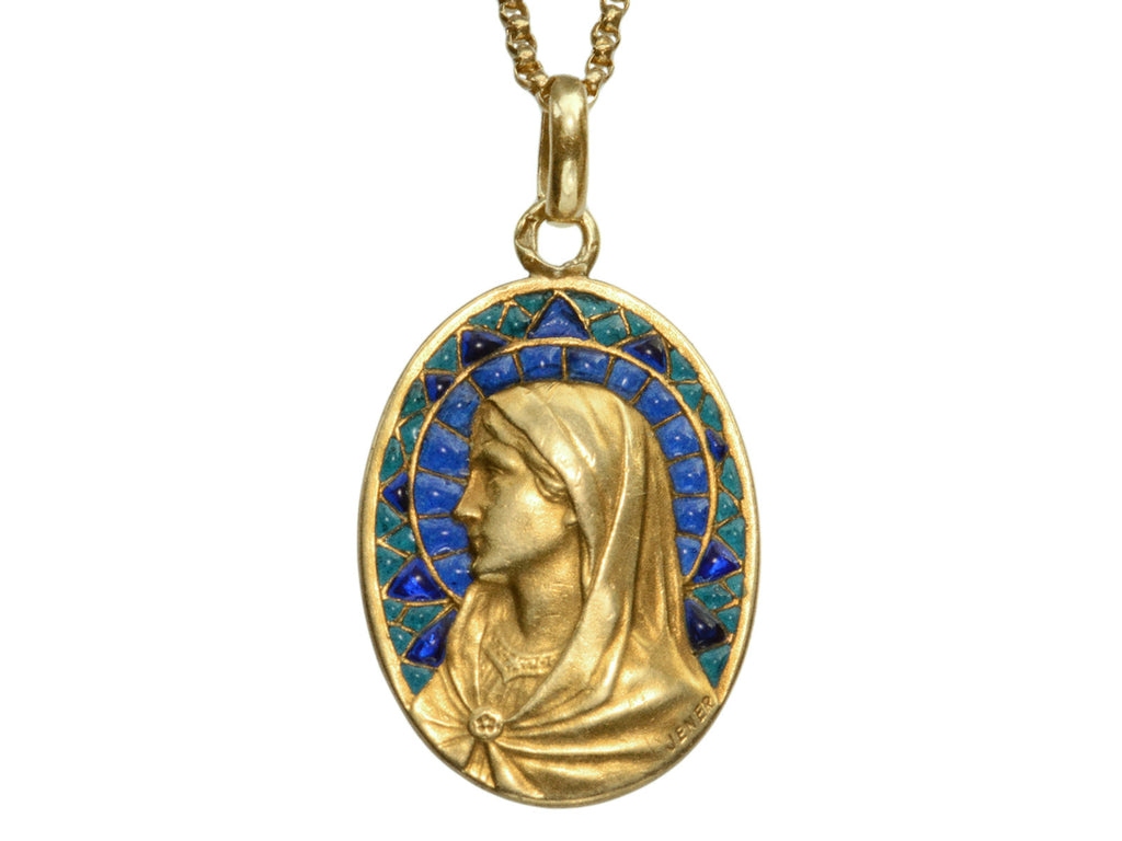 Detail of c1900 Plique-à-Jour Madonna with Blue and Green Enamel (on white background)