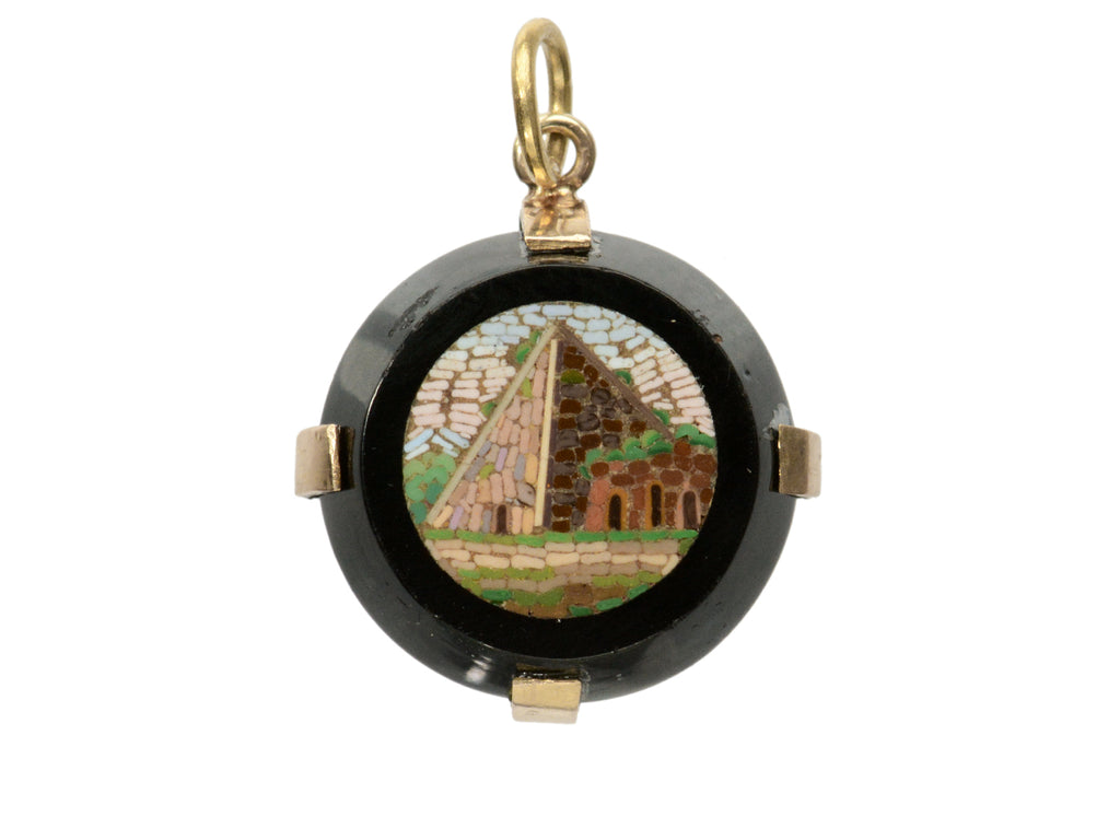 c1870 Black and Gold Round Pendant with a Micromosaic Image of a Pyramid (shown on white background)