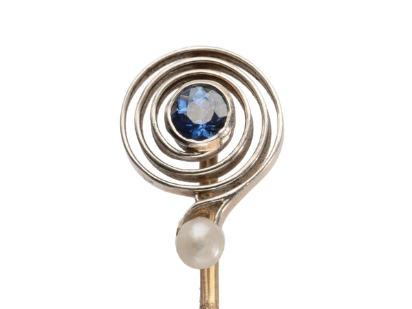 c1900 Sapphire and Pearl Question Mark Stick Pin (on white background)