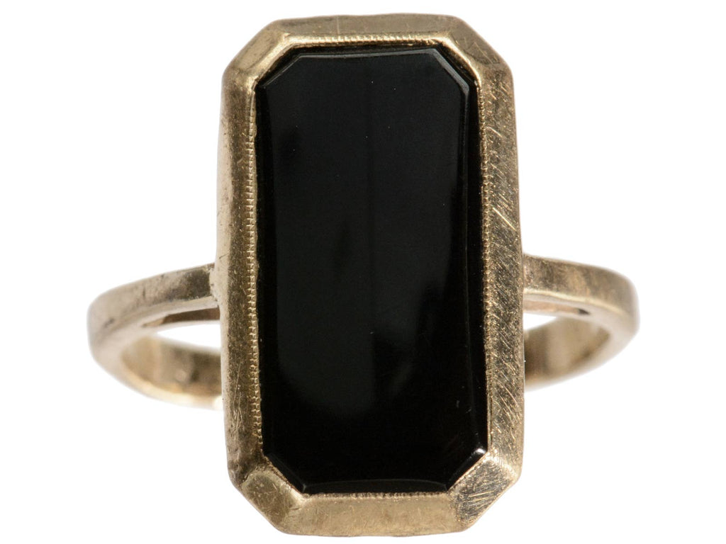 c1920 Rectangular Onyx and Yellow Gold Signet Ring (shown on white background)