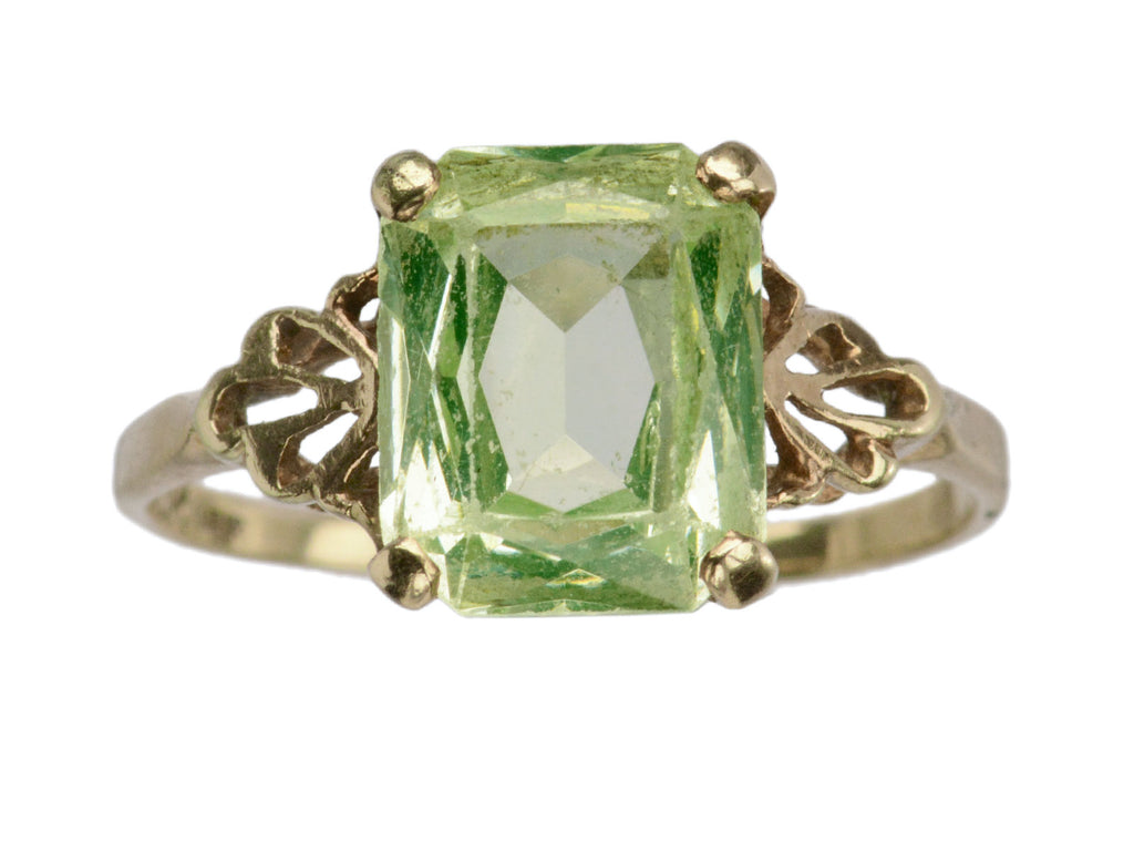 c1930 Rectangular Uranium Glass Ring with Filigreed Yellow Gold Mounting (on white background)