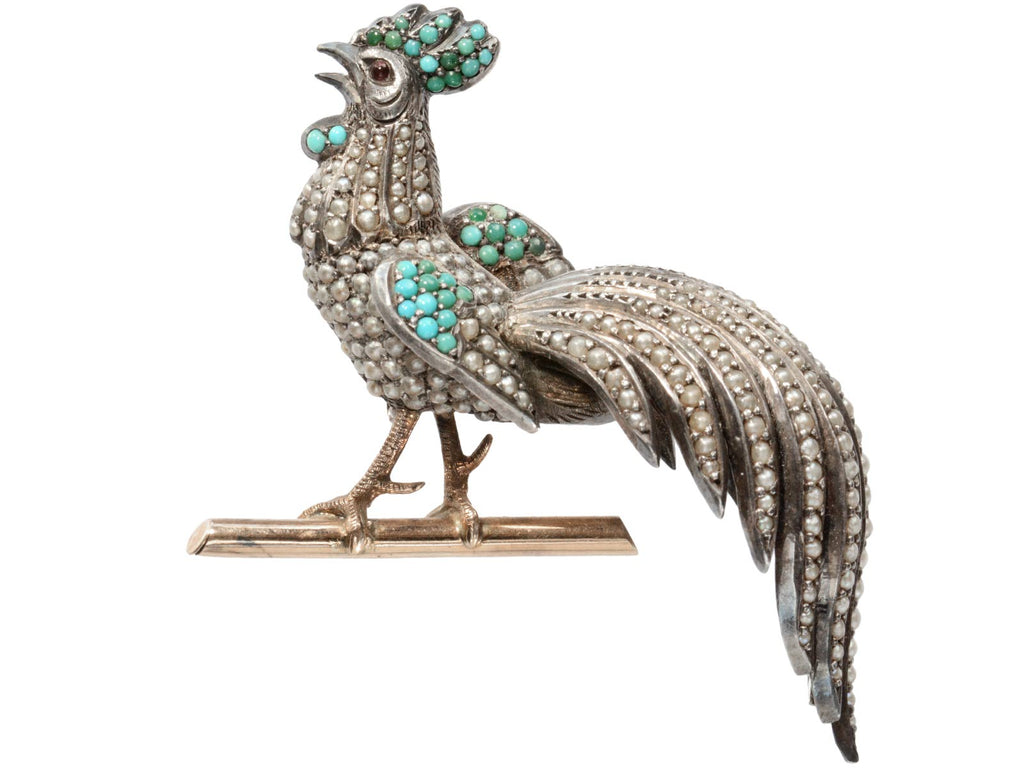 c1880 Victorian Pearl and Turquoise Rooster Pin (on white background)