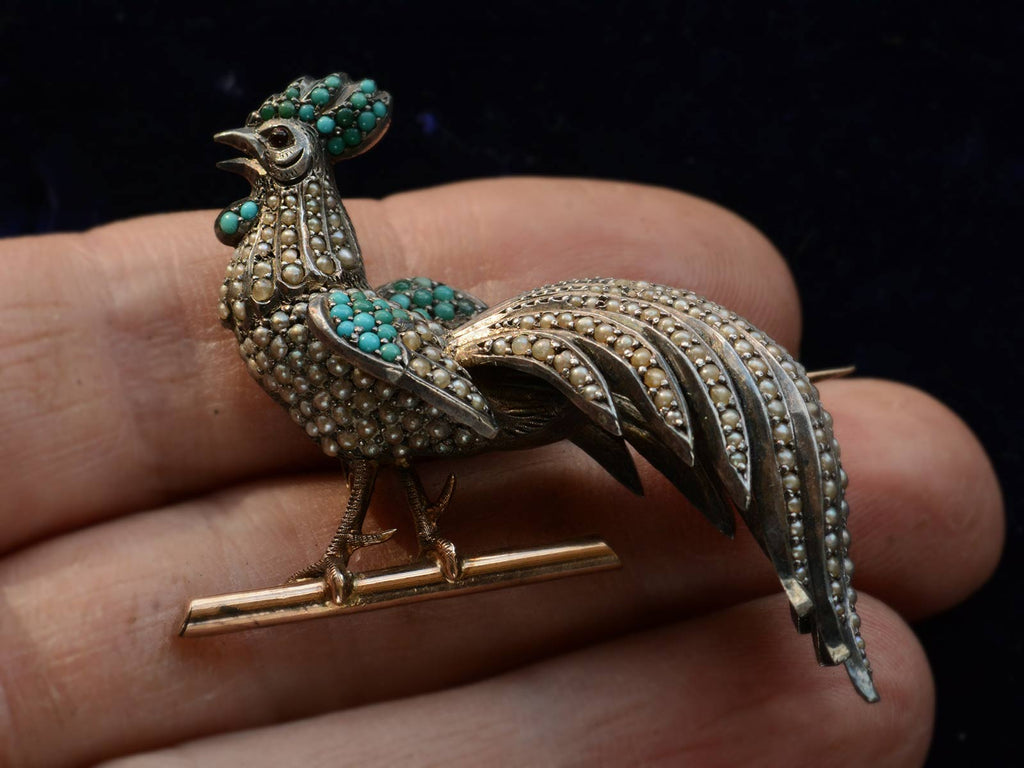 c1880 Victorian Pearl and Turquoise Rooster Pin (on hand for scale)