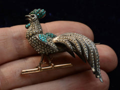 thumbnail of c1880 Victorian Pearl and Turquoise Rooster Pin (on hand for scale)