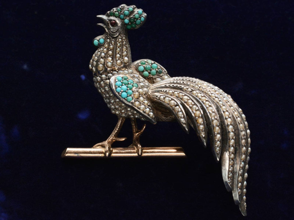 c1880 Victorian Pearl and Turquoise Rooster Pin (on dark purple background)