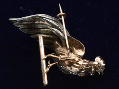 thumbnail of Reverse view of c1880 Victorian Pearl and Turquoise Rooster Pin (on dark purple background)