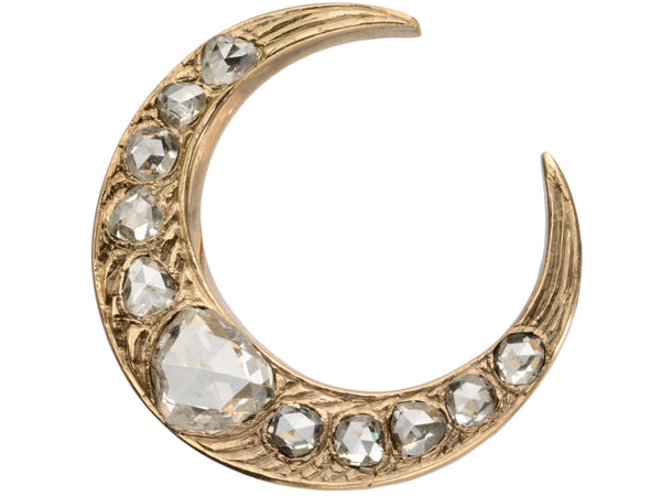 c1890 Rose Cut Diamond Crescent Brooch in Rose Gold (on white background)