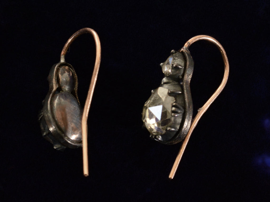 Side and back views of c1820 Rose Cut Diamond Earrings (on black background)