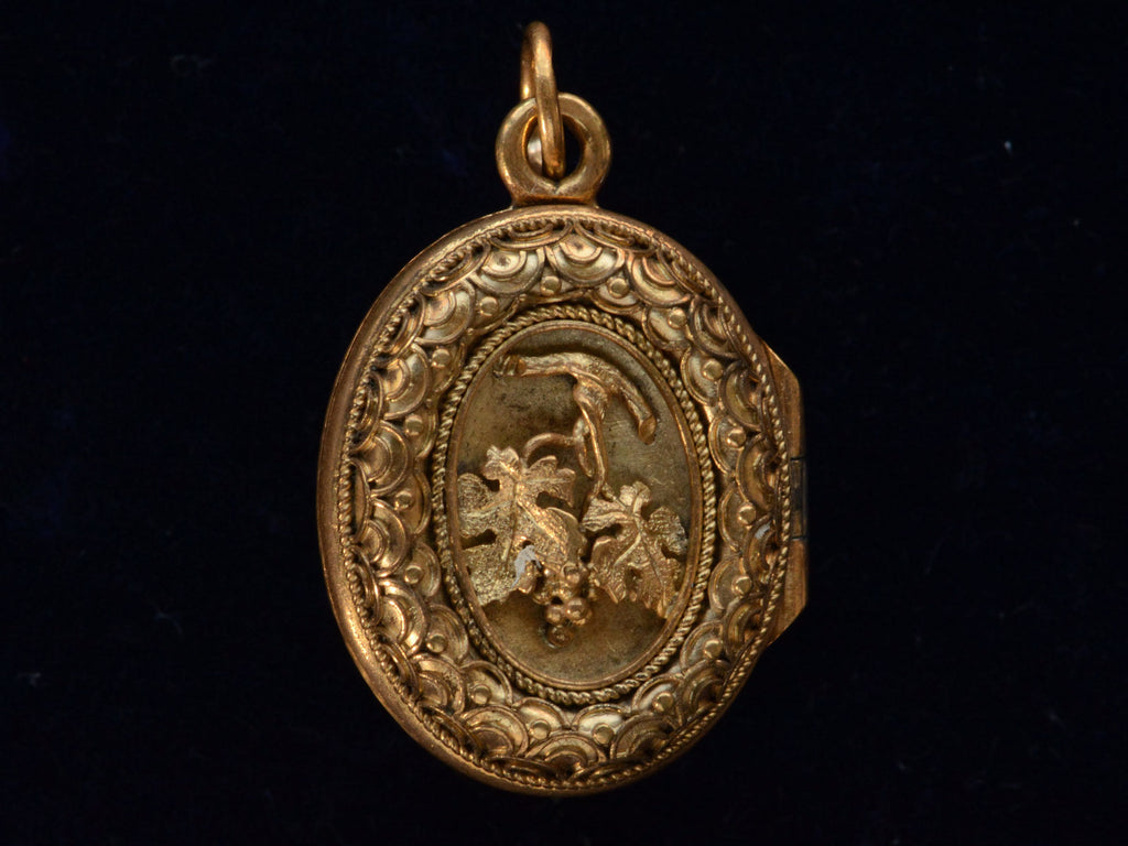 c1880 Gold Mosaic Scarab Locket (reverse side showing grape leaf design)