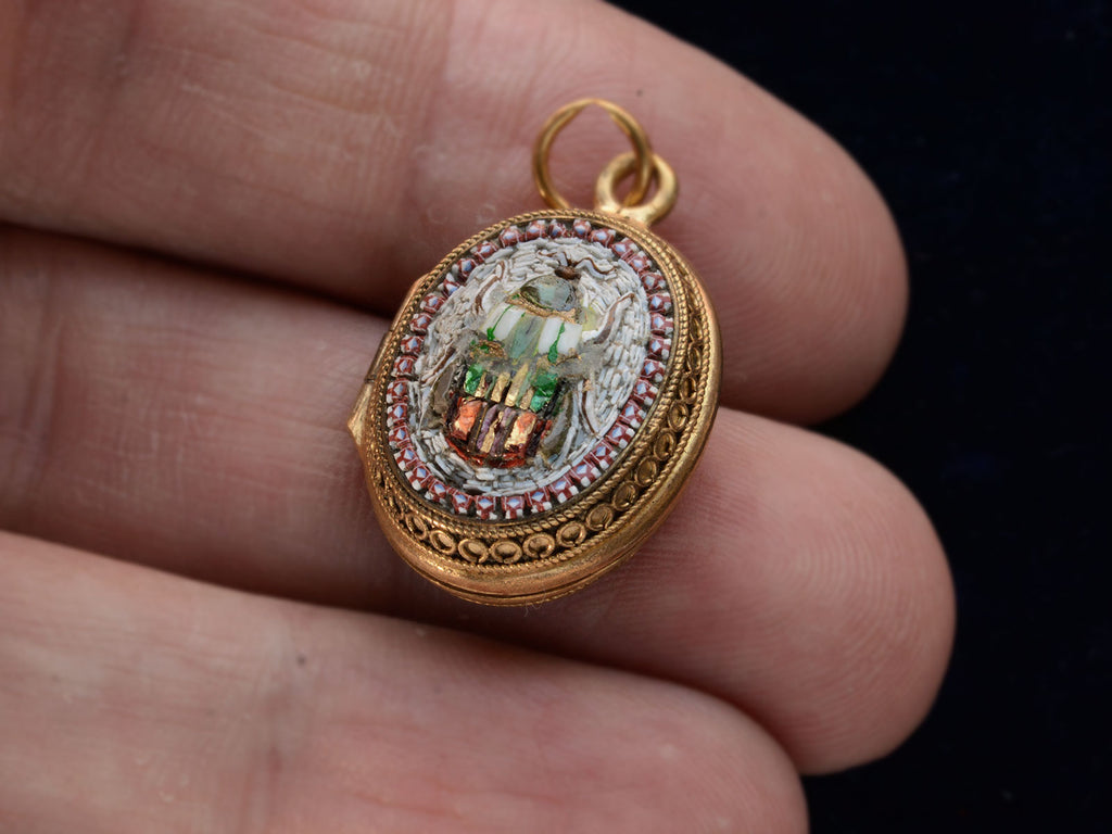 c1880 Gold Mosaic Scarab Locket (on hand for scale)
