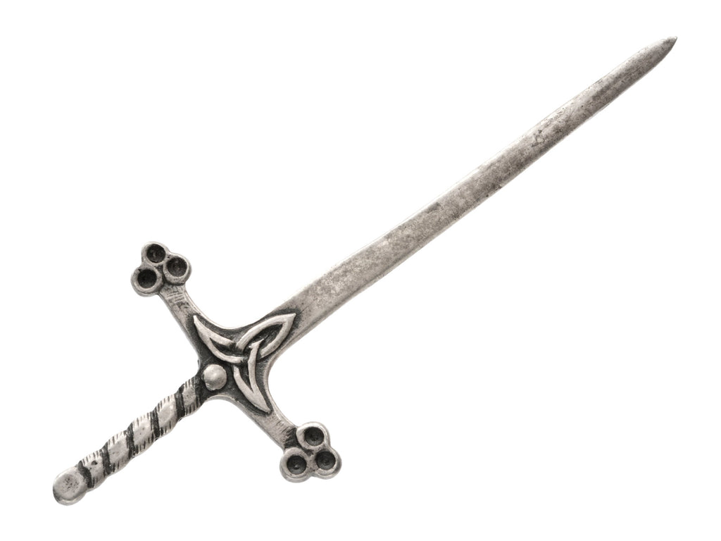 A Scottish silver sword pin, shown on white background