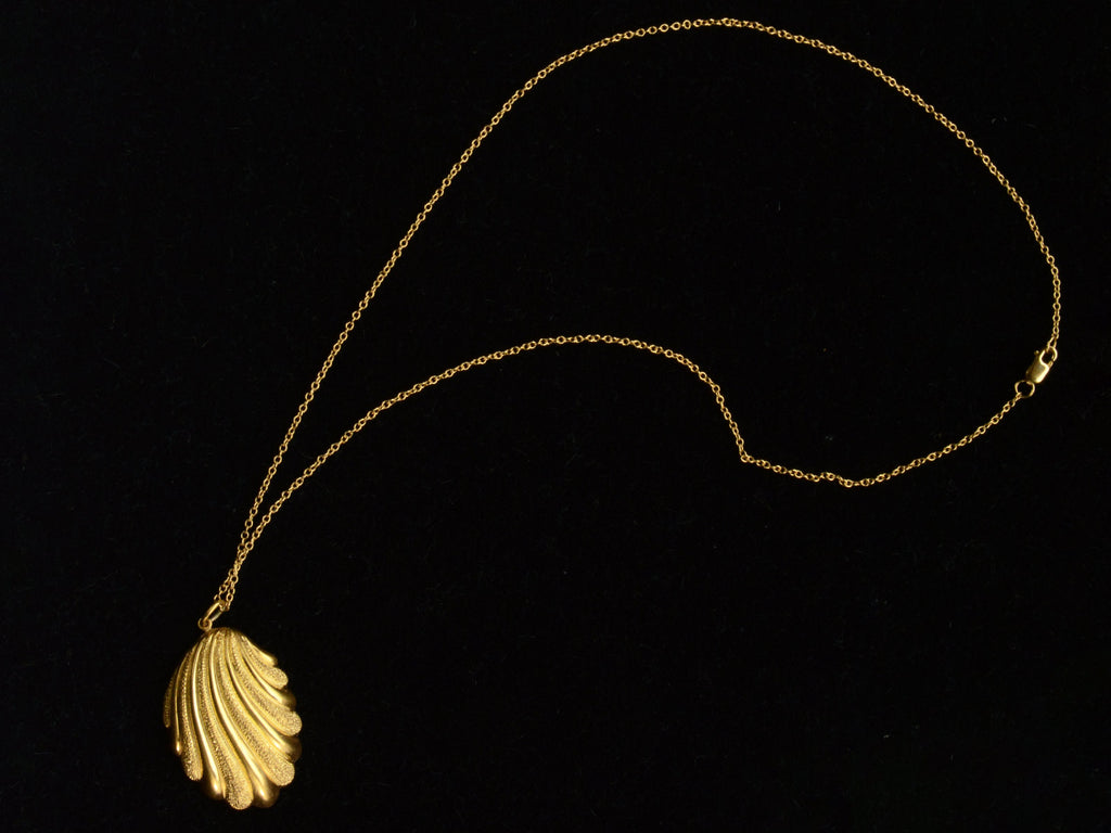 Victorian shell pendant necklace shown with chain on black background.