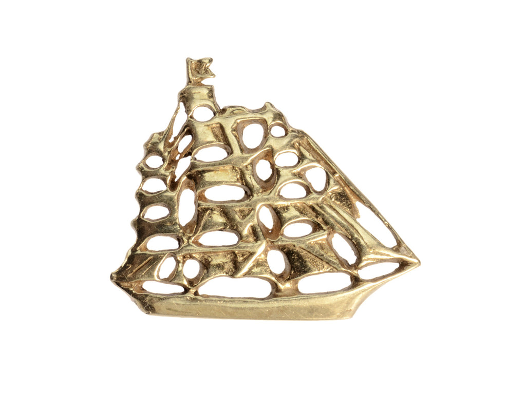 c1960 Vintage Yellow Gold Tiffany & Co Tie Tack depicting a clipper ship, shown on white background.
