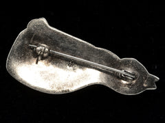 thumbnail of Reverse side of vintage silver cat brooch shown on black background. A "925" stamp is visible