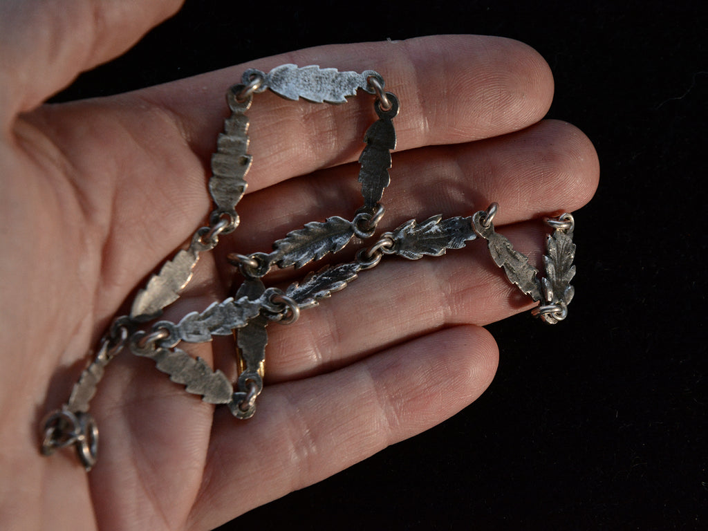 c1930 Silver Leaf Necklace (shown on hand for scale)