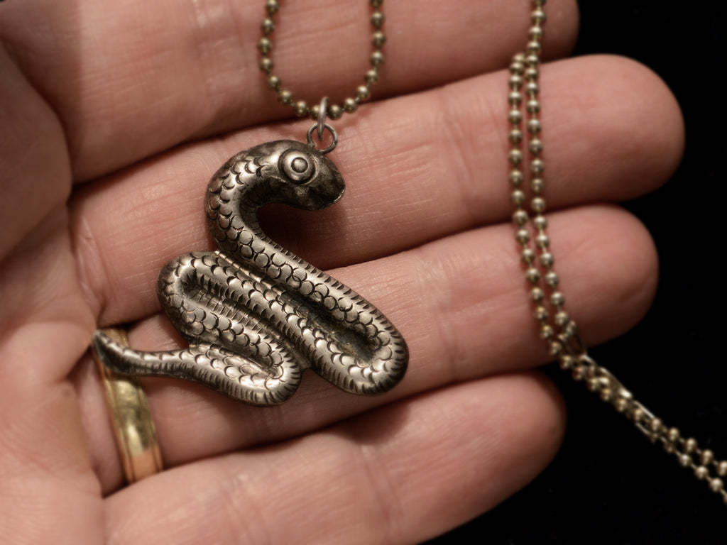 c1980 Silver Snake Necklace (on hand for scale)