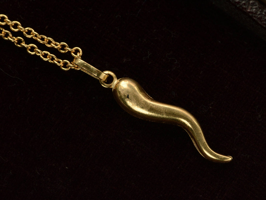 Reverse side of vintage  gold Italian cornicello charm on chain. On black background.