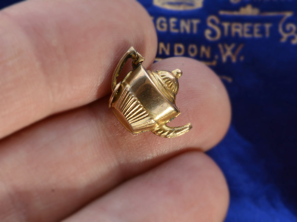 c1960 Gold Teapot Charm (on hand for scale)