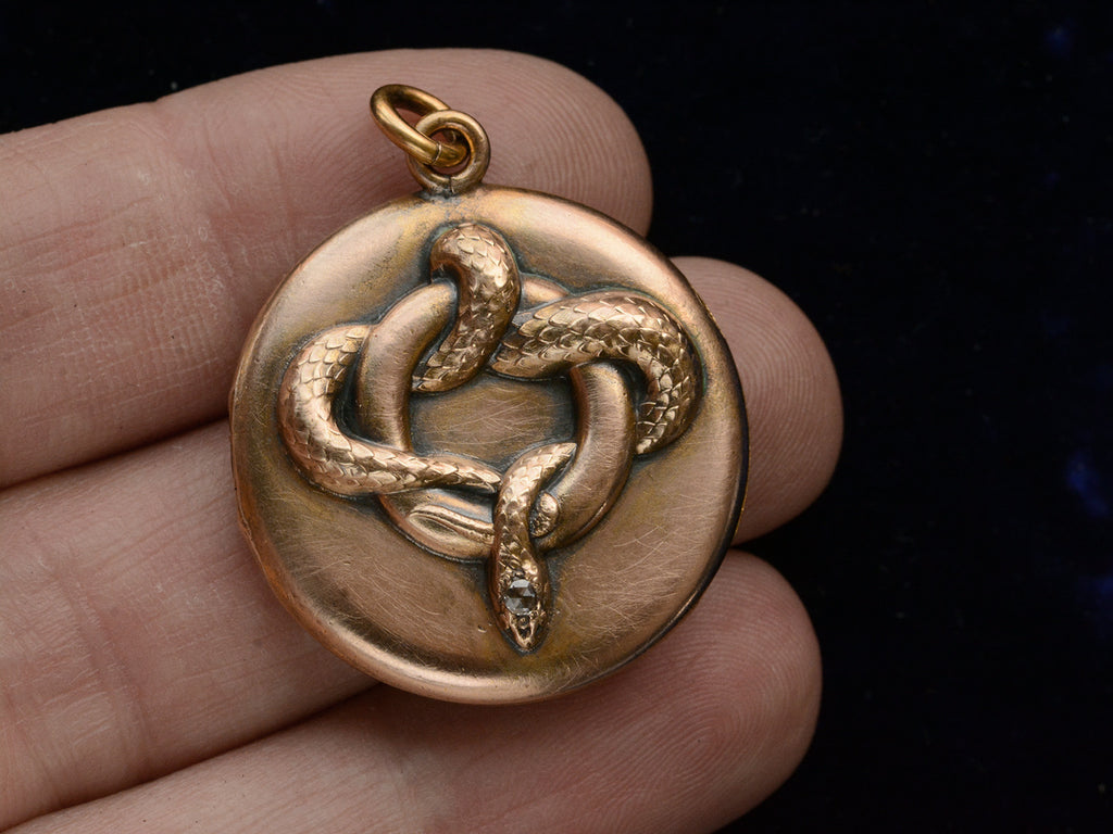 c1890 Rose Gold Colored Snake Locket with Diamond Head (shown on hand for scale)