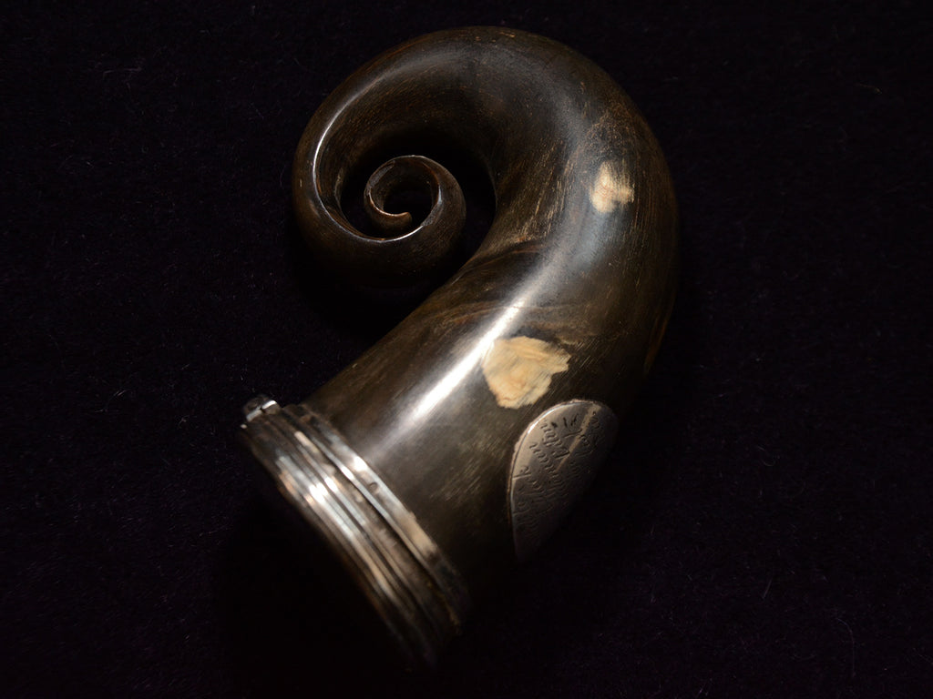 Elevated view of of c1811 Dark Brown Ram's Horn Snuff Box (shown on dark background)