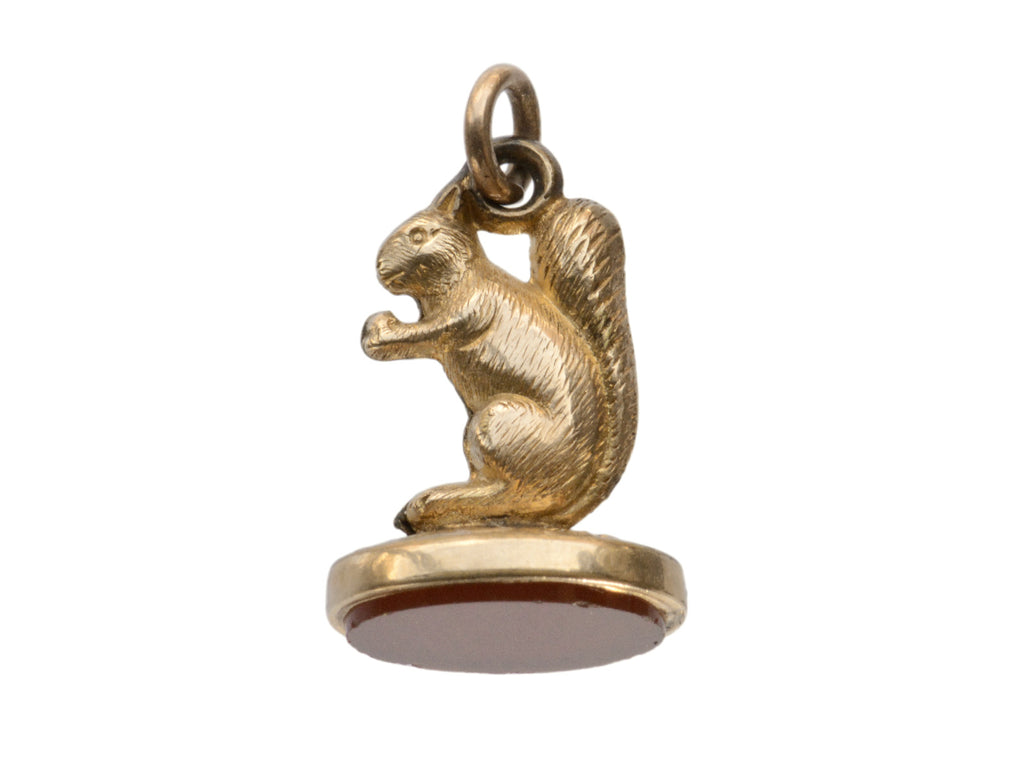 c1890 Victorian Gold Filled Squirrel Fob with Carnelian Base (on white background)