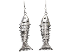 thumbnail of Silver articulated fish earrings, on white background. "SILVER" stamp visible.