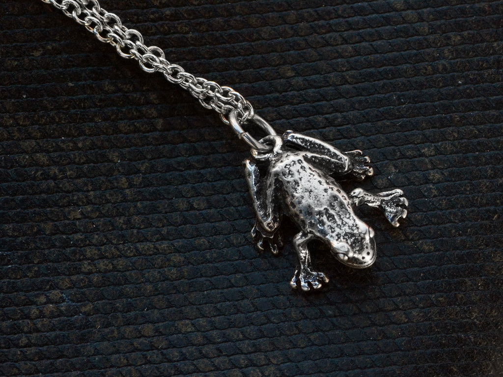 Detail of a vintage sterling silver frog pendant on chain, shown on dark textured background