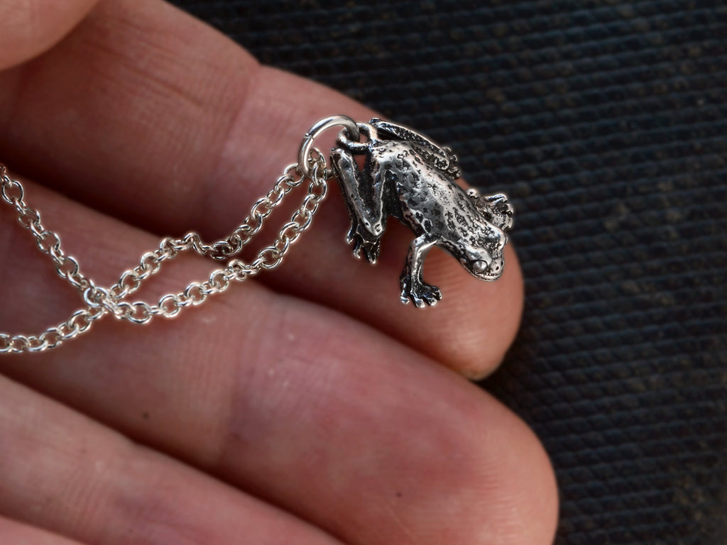 Detail of a vintage sterling silver frog pendant on chain, shown on held in hand