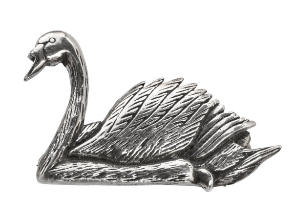 A sterling silver swan brooch on white background.