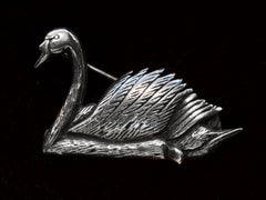 thumbnail of A sterling silver swan brooch on black background.