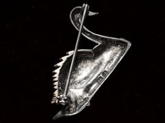 thumbnail of Reverse side of a sterling silver swan brooch on black background. A stamp on the back reads "925" with a second illegible mark.