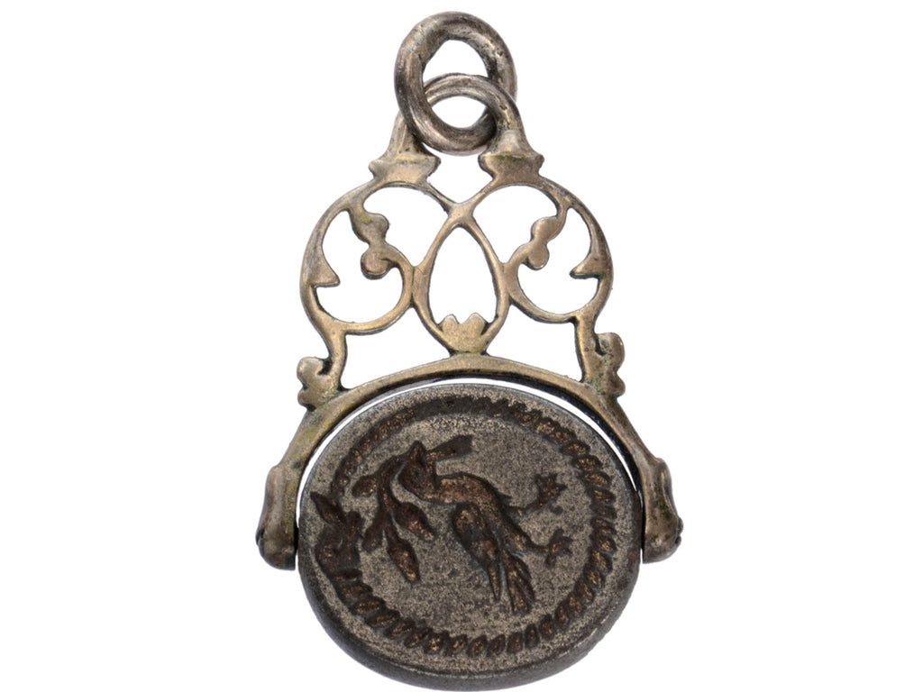 c1790 Georgian Steel Intaglio Fob with Bird Carved into Face (on white background)