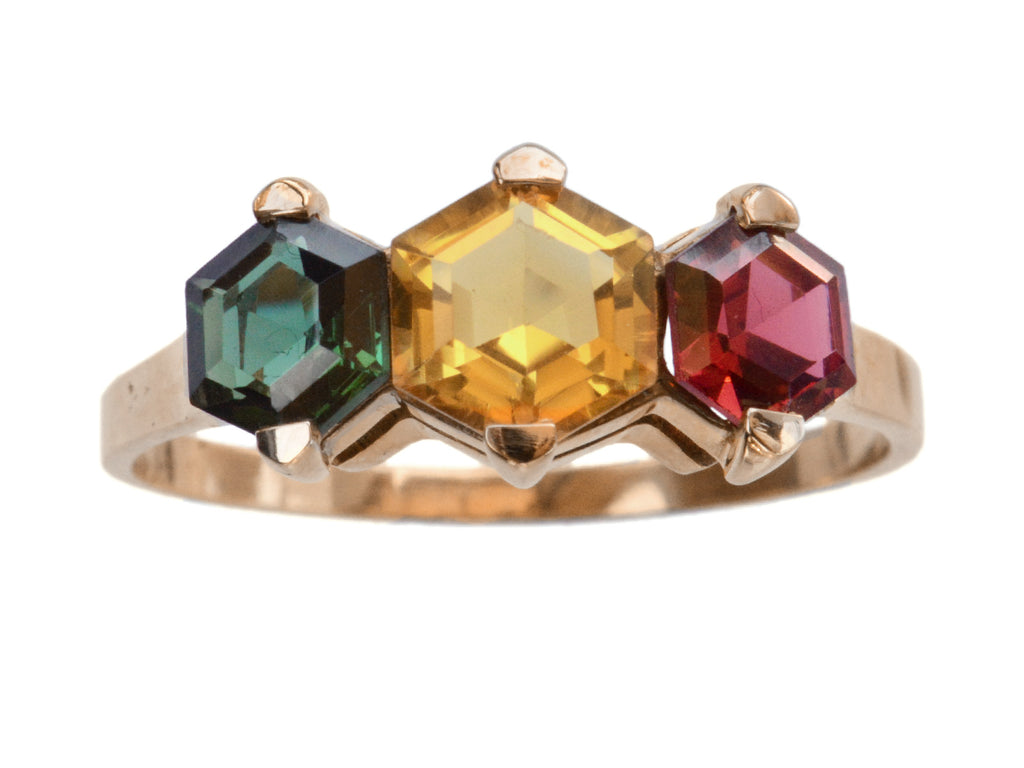c1980 Stoplight Ring with Green, Amber and Red Stones in Yellow Gold (shown on white background)