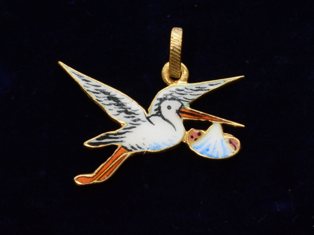 c1950 Enamel Stork Charm (shown on black background)