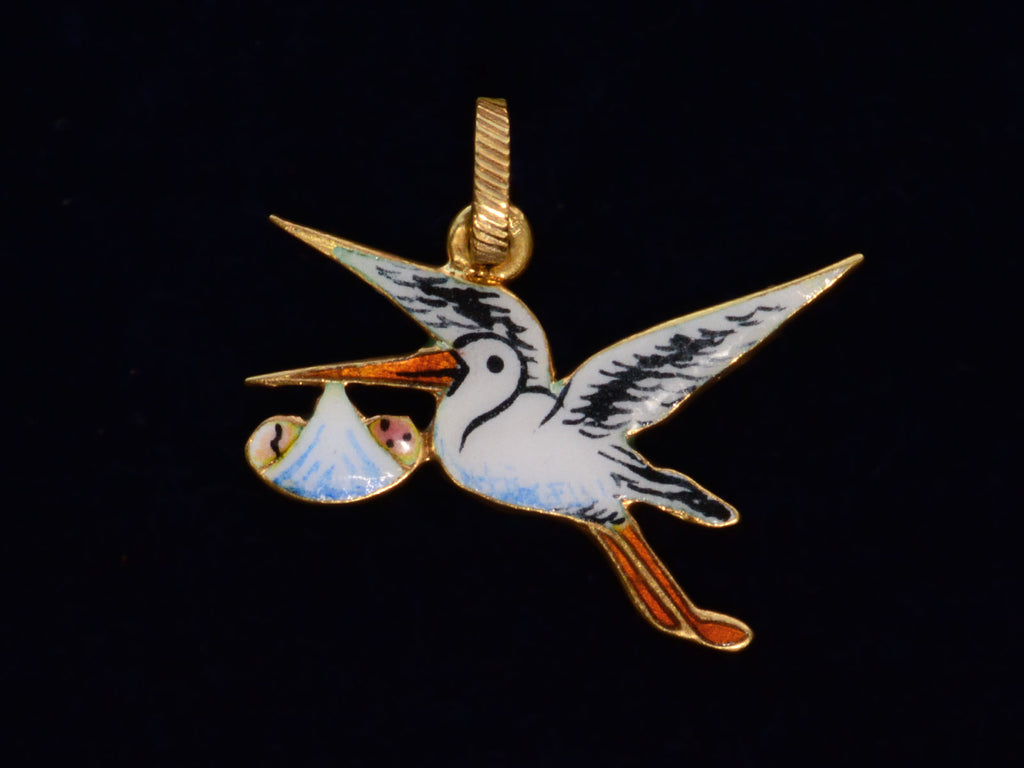 c1950 Enamel Stork Charm (reverse side shown on black background)