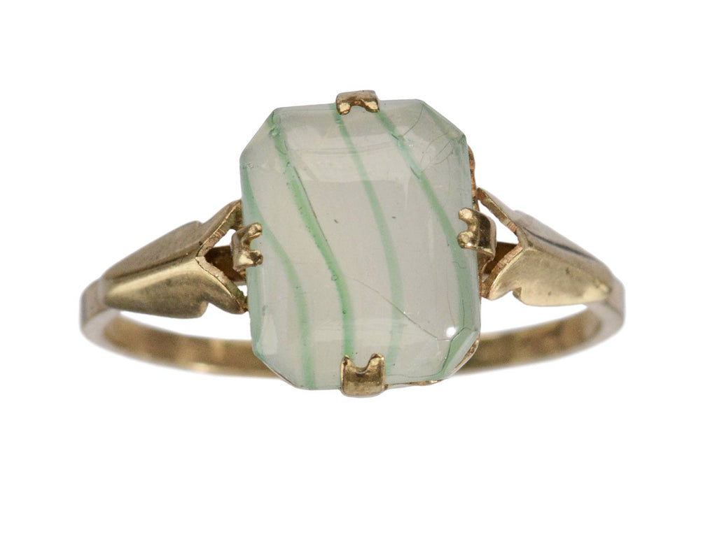 c1900 Striped Green and White Glass Ring in Yellow Gold (on white background)