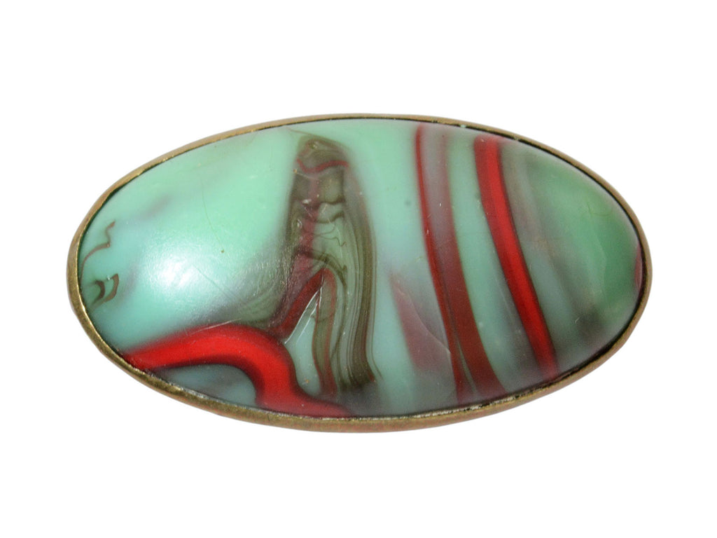 c1900 Marbled Turquoise and Red Glass Pin (on white background)