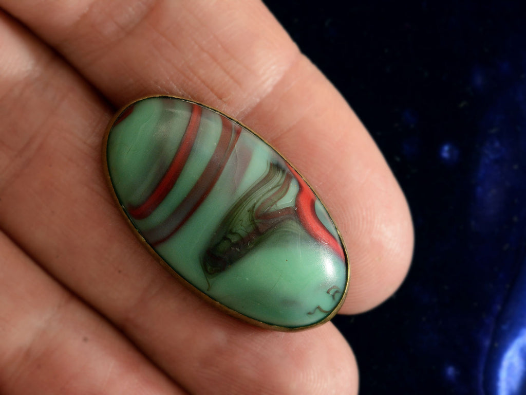 c1900 Marbled Turquoise and Red Glass Pin (on hand for scale