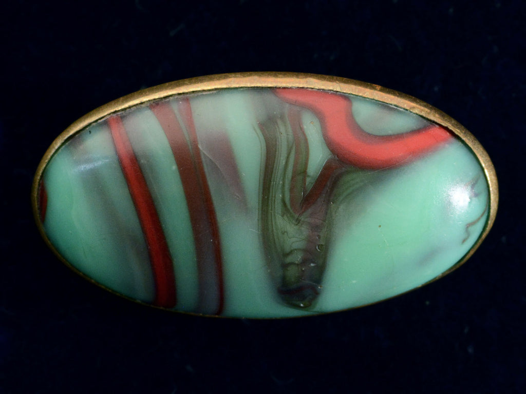 c1900 Marbled Turquoise and Red Glass Pin (on black background)