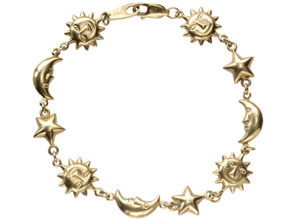 A yellow gold bracelet with figural links depicting suns, stars and moons, on white background.